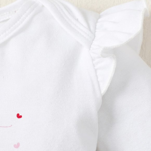 BABY GIRL GRAPHIC RUFFLED BODYSUIT AND HEART PRINT FLARE PANTS SET - Picture 3 of 9